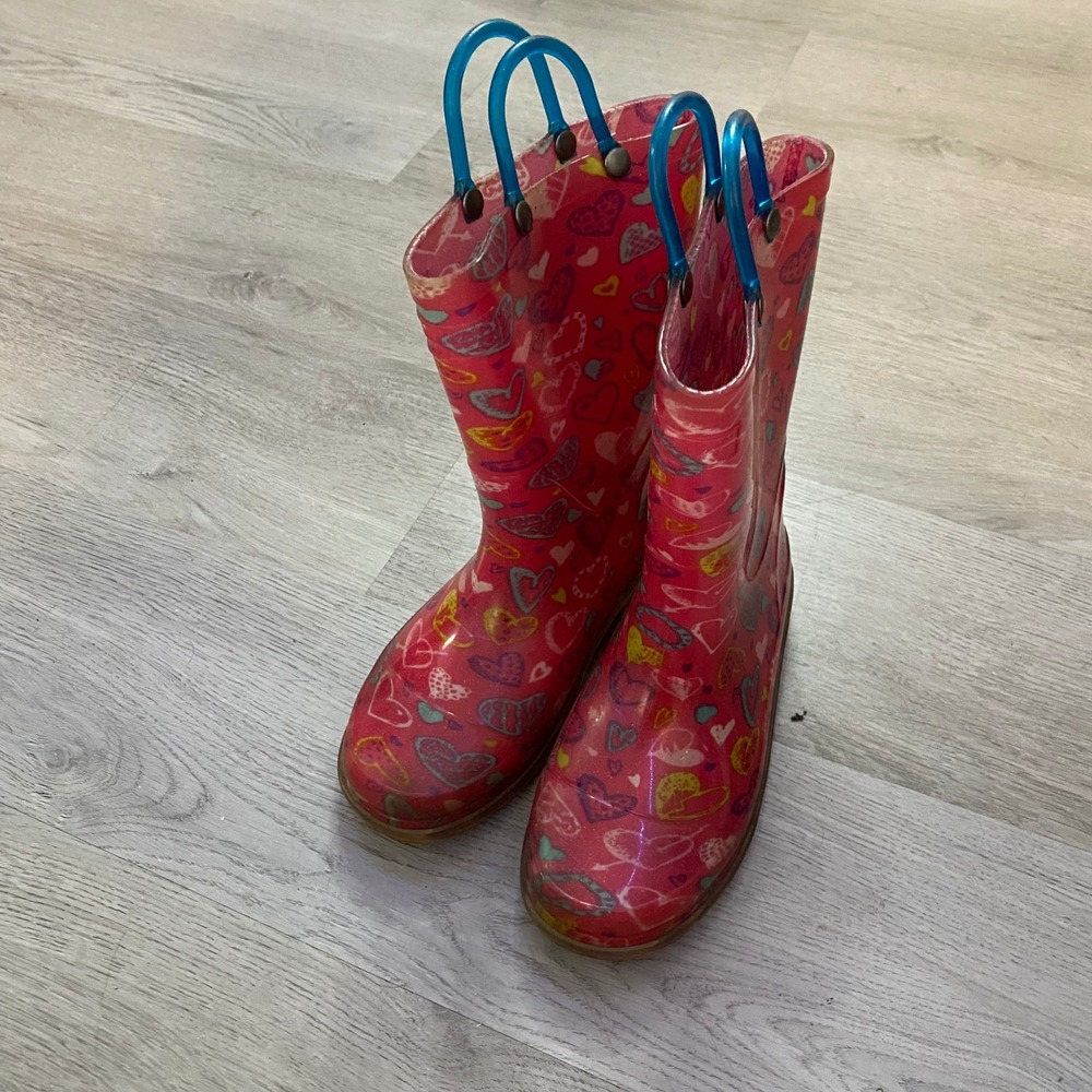 Western Chief Rain Boots Kids Size 11/12 Pink Heart Print Glitter Sole Pull On